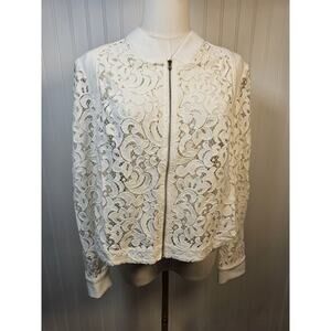 Donna Degnan White Lace Bomber Jacket Women’s Size 10 Zip Up Boho Cottage